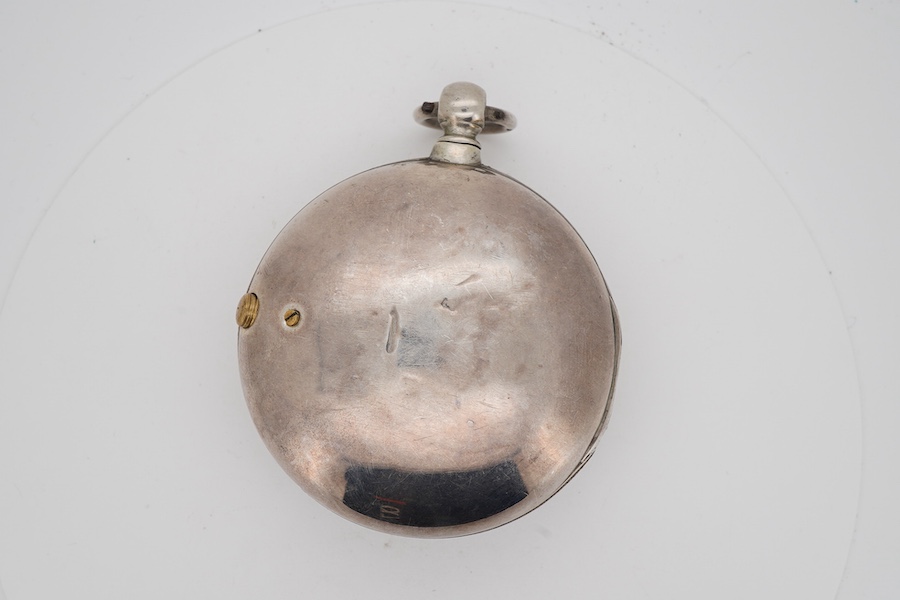 A George III silver pair cased verge pocket watch, by James Taylor of London, with Roman dial, the signed movement numbered 72607, case diameter 52mm.